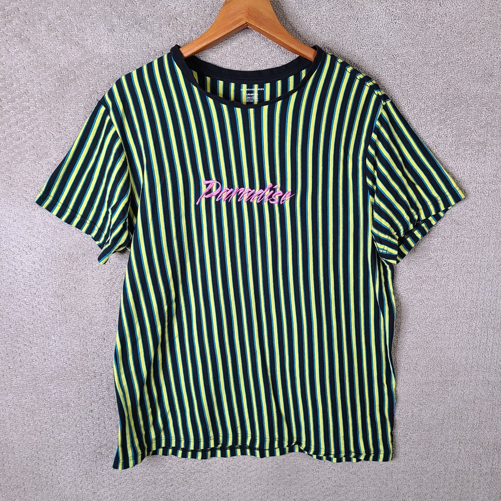 No Boundaries Shirt Mens Large Yellow Black Striped Paradise‎ Embroidered Cotton